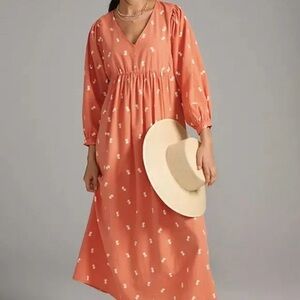 Anthropologie- Coral Floral V-Neck Midi Dress